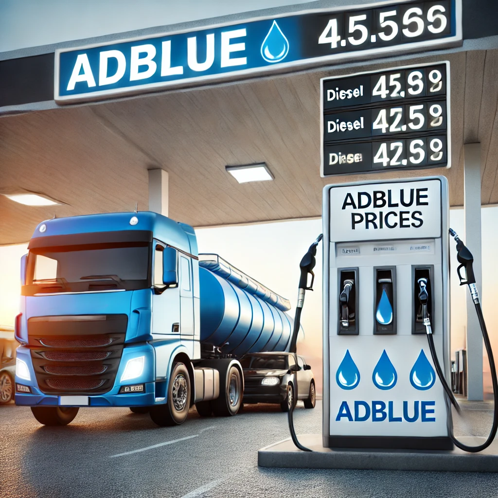 Tankstelle mit AdBlue-Nachfüllstation für Diesel-Fahrzeuge und steigenden Preisangaben auf der Anzeigetafel.