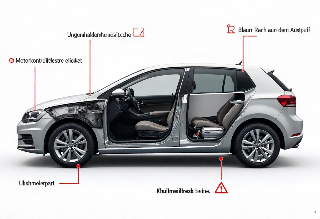 Infografik zeigt die 10 häufigsten Anzeichen für einen Motorschaden, darunter ungewöhnliche Motorgeräusche, Leistungsverlust, Rauchentwicklung und Motorkontrollleuchte.